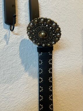 Women's Black Floral Embossed Belt with Antique Gold Concho